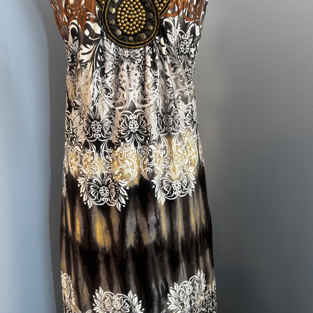 Boho Maxi Dress 0X 14/16W Embellished Beaded Neck Brown Black Stretch Resort - Picture 9 of 16